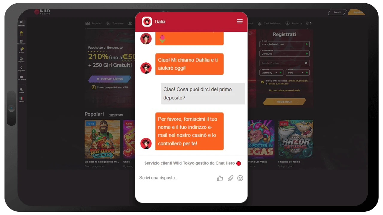 Supporto ai giocatori del Wild Tokyo Casinò